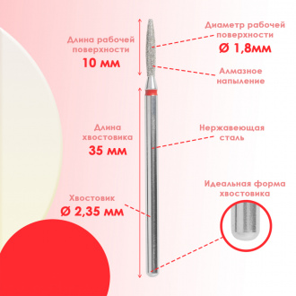 IRISK, Фрезы алмазные пламевидные закругленные D=1,8мм, красные, 5 шт.